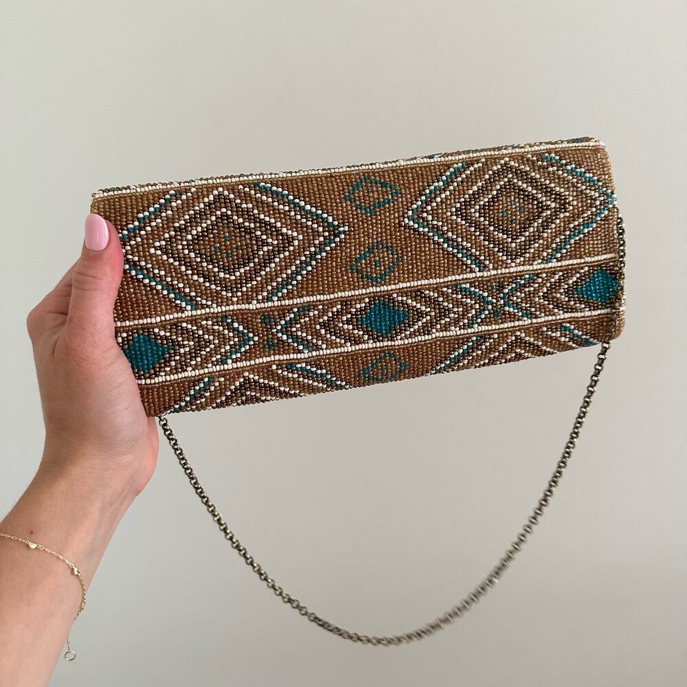 Santi Aztec Pattern Beaded Rectangle Shape Clutch Bag Brown - Picture 6 of 8